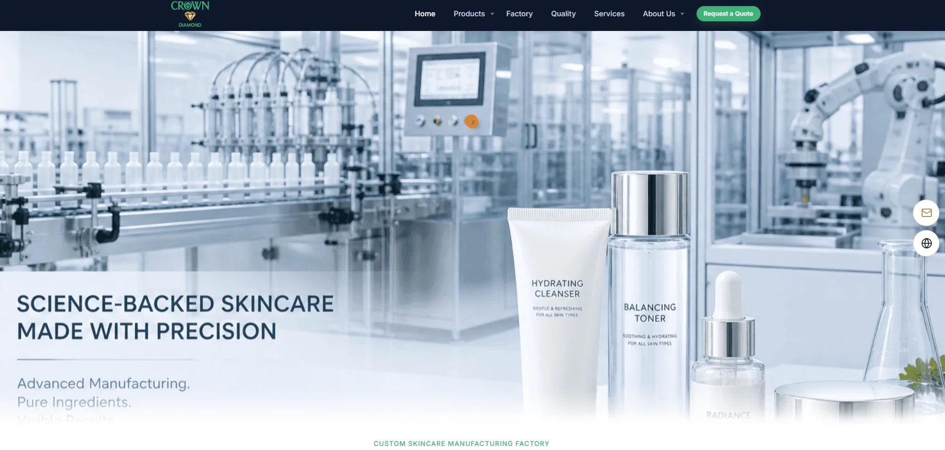 Modern skincare manufacturing facility featuring automated filling equipment and skincare products like hydrating cleanser, balancing toner, and radiance serum in the foreground.